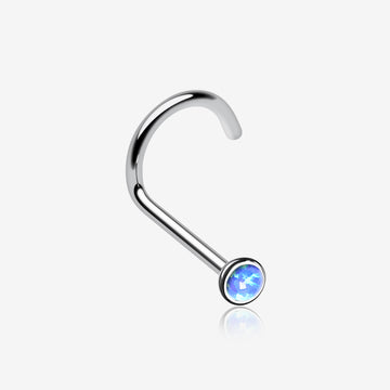 Implant Grade Titanium Fire Opal Bezel Set Top Nose Screw Ring-Blue Opal